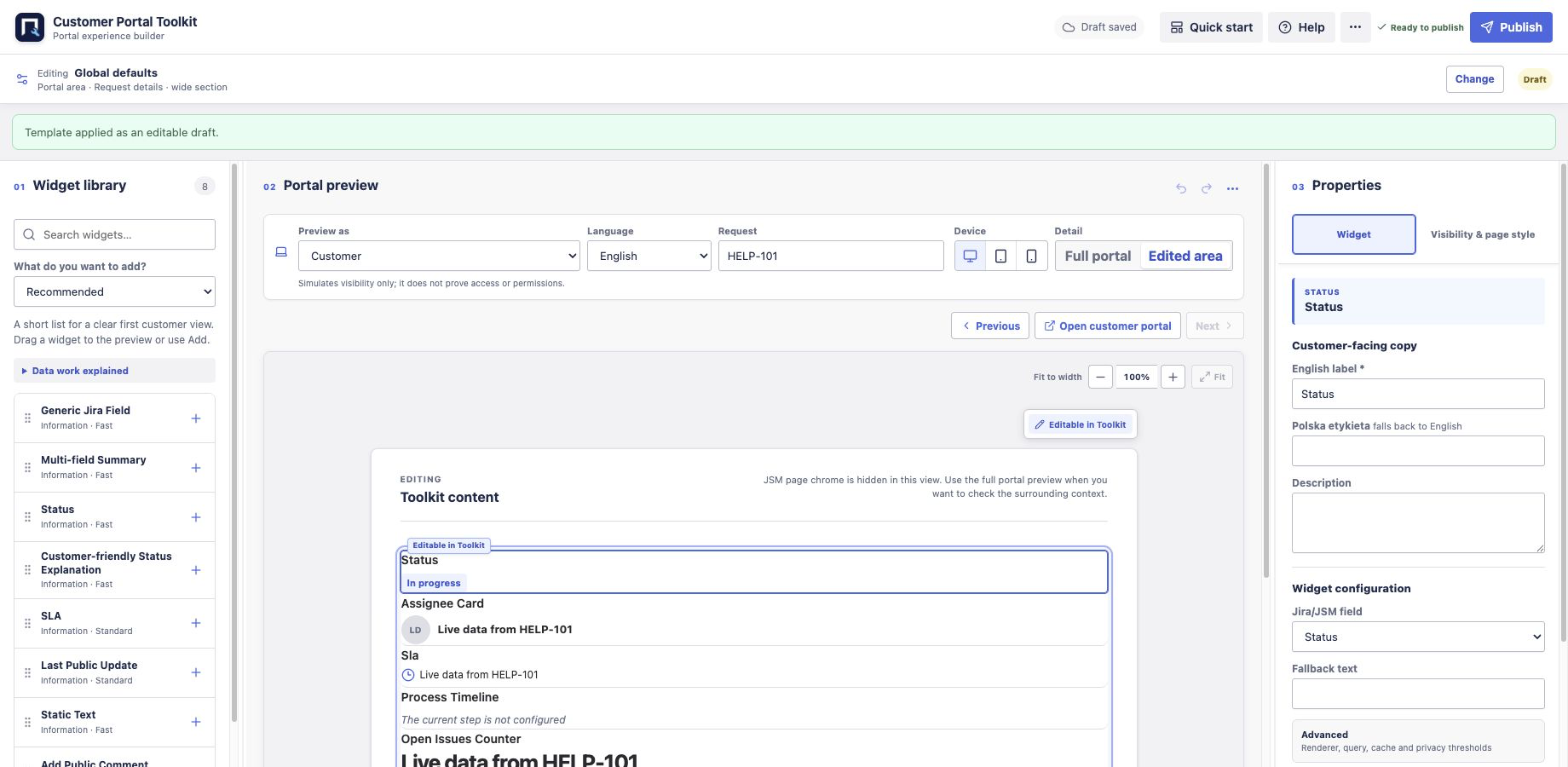 Three-column Customer Portal Toolkit builder with widget library, editable customer request preview and properties inspector.