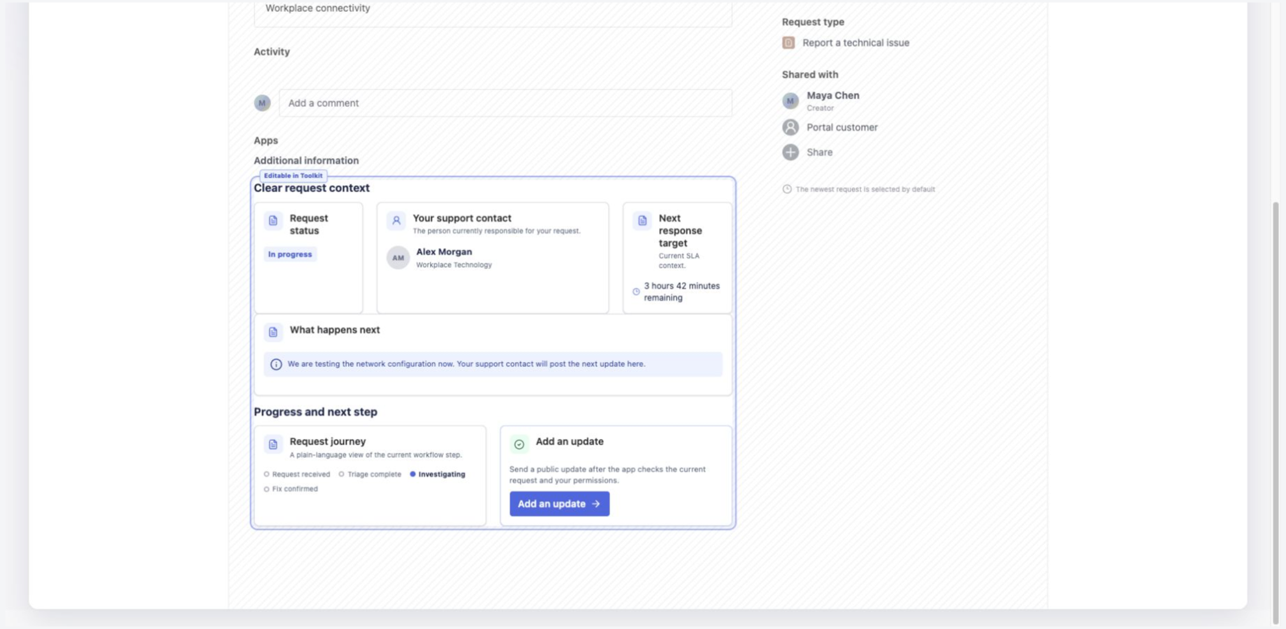 Synthetic JSM customer request with status, support contact, SLA target, explanatory callout, process journey and safe next action.