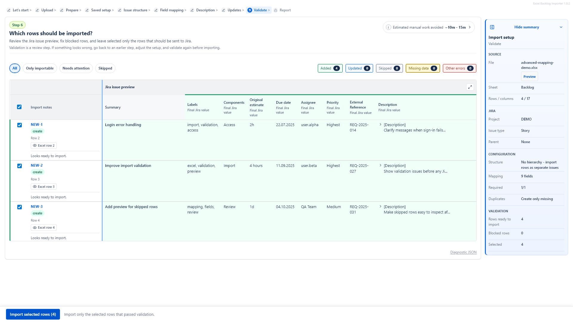Review Jira import changes before creating or updating issues from Excel