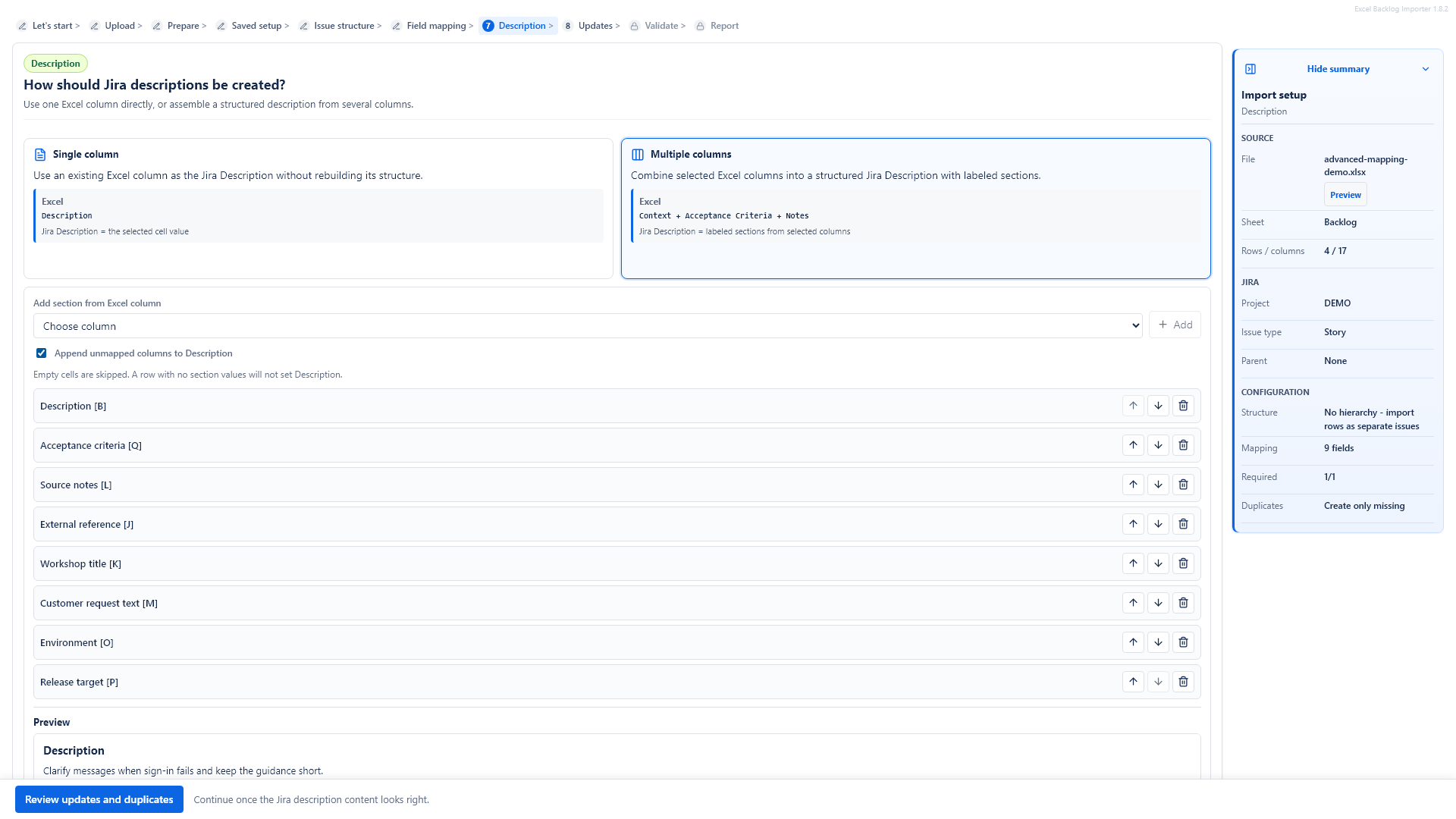 Description Builder combining multiple Excel columns into a Jira description
