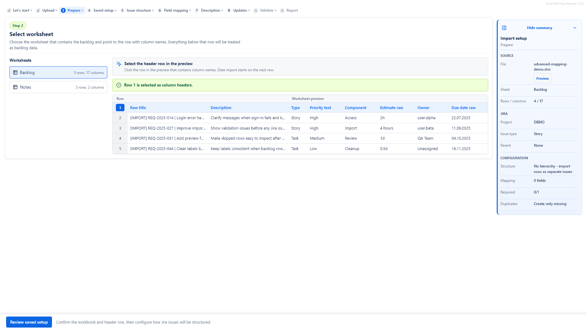 Excel to Jira worksheet selection with header row setup before mapping Jira fields
