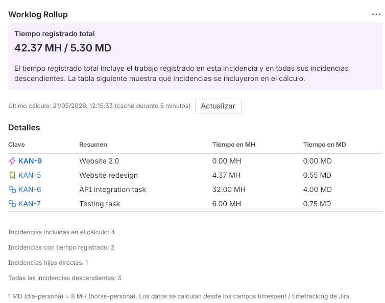 Worklog Rollup Spanish interface labels
